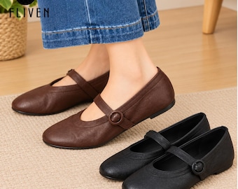 Retro Women’s Round Toe Mary Jane Flats Leather Mary Jane Shoes for Women, Soft Leather Flats with Buckle Strap Elegant Low Heel Ballet Flat