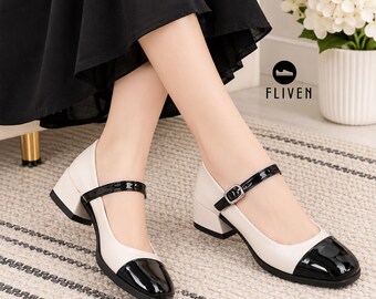 Mary Jane Shoes for Women, Buckle Strap and Block Heel, Cap Toe Block Heel, Square Toe Ankle Strap Pumps, Two Tone Retro Shoes, Gift for Her