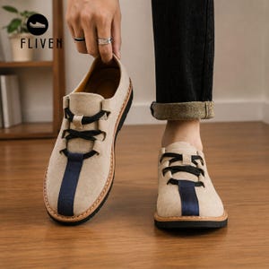 Men's Suede Derby Shoes, Color-Block Lace-Up, Casual Walking Footwear
