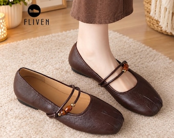 Brown Beaded Mary Jane Flats, Vintage Square Toe Women's Shoes, Soft Leather Square Toe Ballet Flats, Retro Low Heel Shoes, Gift for Her