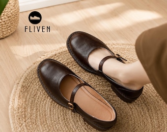 Retro Split Cowhide Leather Mary Jane Shoes for Women, Soft Sole Leather Flats with Buckle Strap and Chunky Heel Classic Everyday Footwear