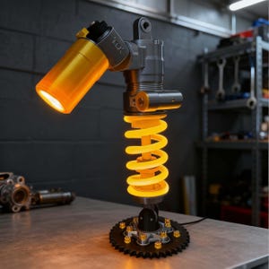 Peut inclure: Une lampe de table fabriquée à partir d'un amortisseur de moto avec un ressort hélicoïdal jaune et un boîtier lumineux cylindrique doré. La base est un engrenage en métal noir avec de petits boulons dorés, diffusant une lueur jaune chaude.