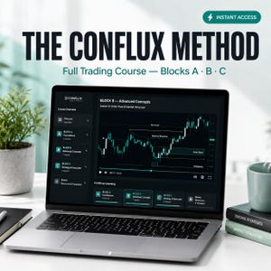 May include: A silver laptop displaying The Conflux Method full trading course with blocks A, B, and C. The screen shows a dark interface with a candlestick chart, course overview, and lesson details. Text includes Instant Access and course titles.