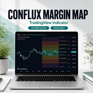 May include: A laptop screen displaying the Conflux Margin Map TradingView indicator. The chart features a dark background with a white line graph and a multi-colored vertical zone overlay labeled with price levels and pressure indicators.