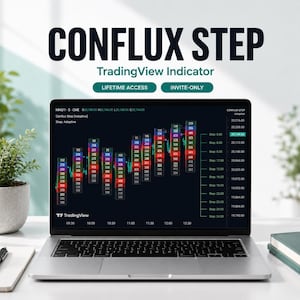 以下が含まれることがあります： ダークインターフェースのTradingViewインジケーター「Conflux Step」を表示したノートパソコンの画面。画面には、色分けされた数値データブロック、価格レベル、および「Conflux Step」と「TradingView Indicator」というテキストを含む金融チャートが表示されています。