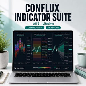 以下が含まれることがあります： TradingView用のConfluxインジケータースイートを表示するノートパソコンの画面。Conflux Step、Conflux Margin Map、Conflux Range Projectorの3つのデータパネルがダークモードのチャートで表示されており、市場分析データが視覚化されています。