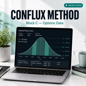 May include: A silver laptop displaying a bell curve graph titled Expected Range (Today) with the text Conflux Method Block C — Options Data. The screen shows statistical data including underlying price, expiration, and probability percentages.