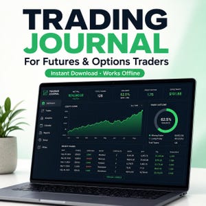 Op de afbeelding: Een laptop met een digitaal handelsdagboek-dashboard in een donkere modus, met een grafiek van de vermogenscurve, statistieken over het winstpercentage en een lijst met recente transacties met de tekst TRADING JOURNAL.