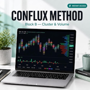 May include: A silver laptop displaying a financial trading chart with colorful cluster and volume data. The screen shows the text CONFLUX METHOD, Block B — Cluster & Volume, and INSTANT ACCESS. The chart includes various numerical data points.