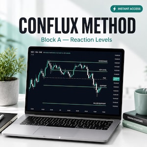 May include: A silver laptop displaying a financial candlestick chart with horizontal lines labeled Resistance, Key Level, POC, Support, and Major Support. Text above reads Conflux Method, Block A — Reaction Levels, and Instant Access.