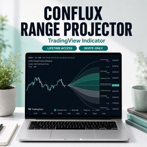 Könnte beinhalten: Ein Laptop-Bildschirm mit dem TradingView-Indikator Conflux Range Projector. Das Diagramm zeigt einen dunklen Hintergrund mit einer weißen Liniengrafik, einem zentralen Ankerpunkt sowie schattierten grünen und grauen Bereichen für Preisspannen.