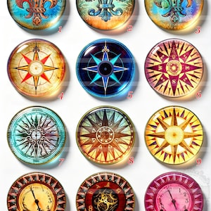Cabochões de bússola retrô, cabochões em forma de cúpula, cabochões de vidro com impressão artística em forma de cúpula, placas de vidro decorativas com padrões de tempo para confecção de joias personalizadas.