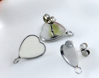40pcs 12mm Stainless Steel Bezel Heart Earring Studs, Base with Loop Earring Blanks, Bezel earring Blanks with backs, DIY Supplies, BU342