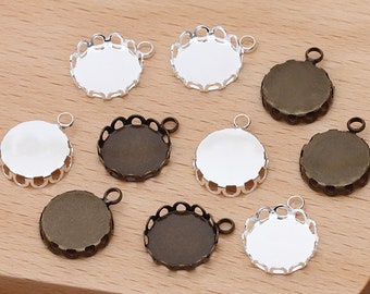 50pcs 12mm Brass Lace Cameo Base Setting Pendant, Cameo Blank Pendant Bezel Settings, Brass Round Lace Cameo Base Setting Pendant, D08126