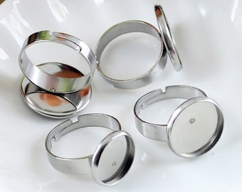 50pcs 304 Stainless Steel Adjustable Band Ring Blanks With Bezel Setting Cup