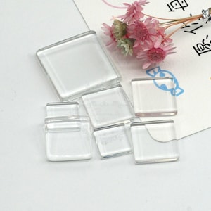 50pcs Flat Clear Glass Tile, Square Transparent Glass Cabochons, Clear Glass Covers for Blank Pendant Trays, Bezels & Findings, 7 Size