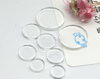 平らな透明ガラスタイル、丸い透明ガラスカボション、空白のペンダントトレイ、ベゼル、金具用の透明ガラスカバー、12サイズ展開