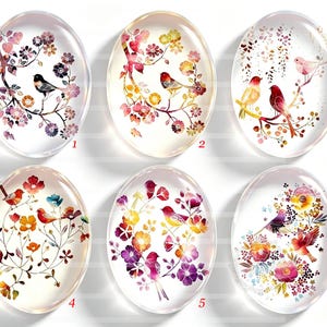 Può includere: Sei cabochon ovali in vetro con colorate illustrazioni in stile acquerello di uccelli appollaiati su rami fioriti. Ogni pezzo mostra motivi floreali e avicoli unici nelle tonalità del rosso, giallo, viola e arancione, numerati da uno a sei.