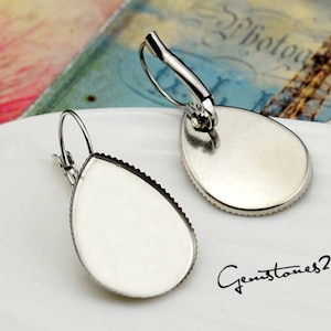 20pcs 316L Stainless Steel Lever-back Ear Wire W/ Jagged 13x18mm/ 18x25mm Teardrop Bezel Setting Wholesale Earring Blanks Earring Base