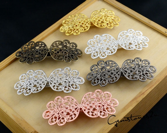 Delicate Gold Filigree Floral Hair Barrette Gold Filigree Floral Hair Clip, Turquoise Accent, Vintage  main image 4