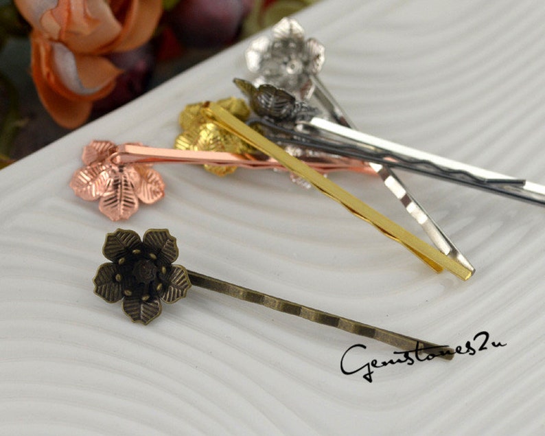 7 Colors 07275 Hair Accessories 20pcs 16x6mm Bobby Pins Flower Filigree Pad Flower Hair Findings Brass Jewelry Vintage Flower Hairpins