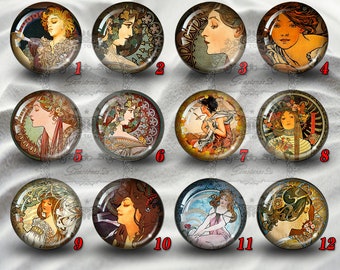 Alphonse Mucha cabochons,Glass Photo Cabochon,glass cabochon,round cabochons,illustration cabochons,Handmade Dome cab cabochon