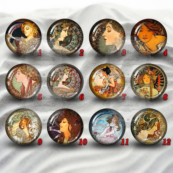 Alphonse Mucha cabochons,Glass Photo Cabochon, cabochon de verre, cabochons ronds, cabochons d’illustration, Cabochons de cabine de dôme fait main