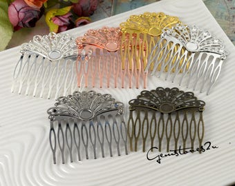 May include: Five decorative hair combs with a peacock design. The combs are made of metal and come in silver, gold, bronze, and rose gold.