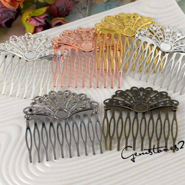 10pcs Hair Comb Filigree Floral Base Setting, Brass Blank Hair Barrette, Hair Accessories, Bridal Supplies, Hair Slide, Headband Findings