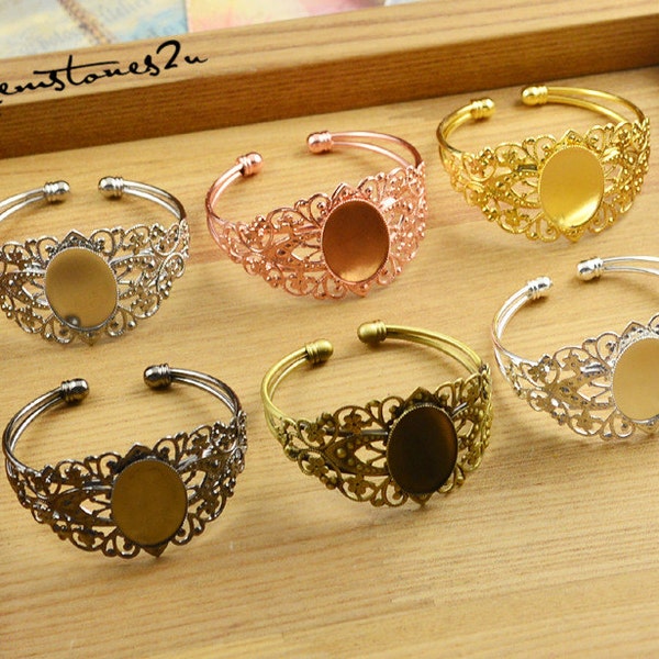 Bracelet en laiton réglable 3pcs, fourniture de bracelet, manchette de bracelet blanc, bracelet floral de Filigrane, arrangement ovale de lunette de 18x25mm - 6 couleurs