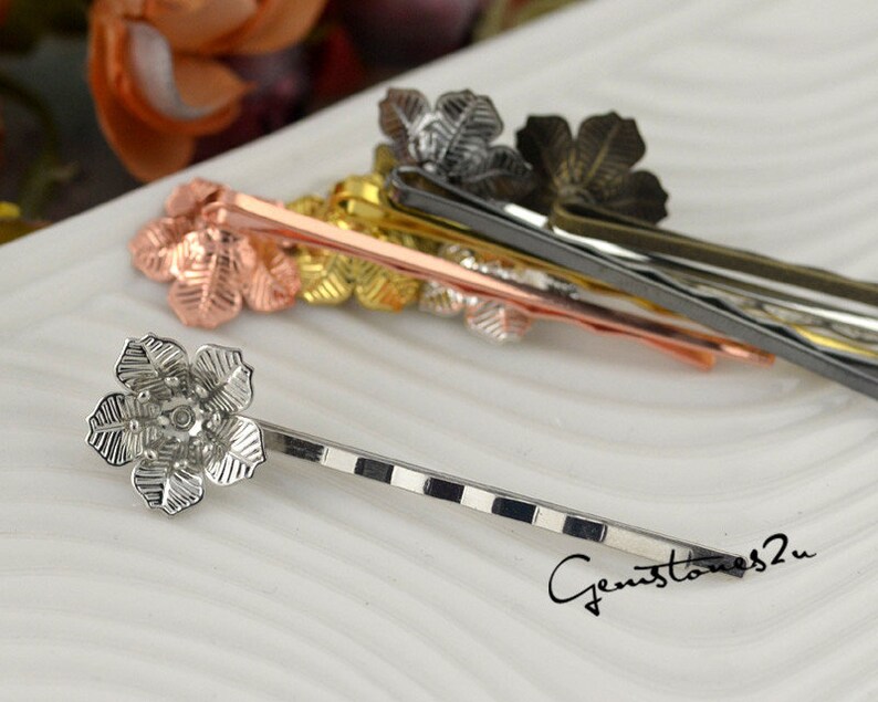 7 Colors 07275 Hair Accessories 20pcs 16x6mm Bobby Pins Flower Filigree Pad Flower Hair Findings Brass Jewelry Vintage Flower Hairpins
