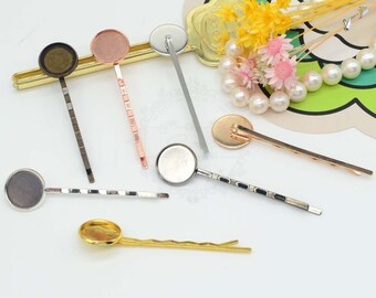 20pcs Hair Clips- Brass Round Bezel Setting, Hair Barrette With 10mm/ 12mm/ 14mm Cameo Base, Hair Snap Clip With Cameo Base Setting