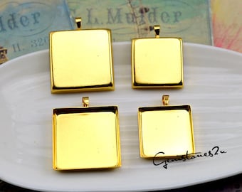 10pcs Gold 20mm / 25mm Brass Square Cameo Cabochon Base Setting Pendants Charm Pendant, Blank Bezel Setting