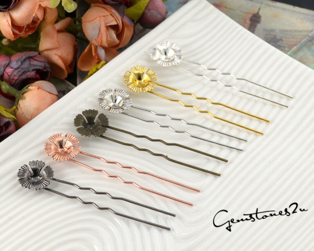 20pcs Brass Cameo Setting Hair Pins, Wedding Hair Pins, Prom Hair Pins, U Shape Filigree Flower