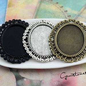 5 st. legeringsfiligran med rullkanter, 30 x 40 mm, oval bezelfattning, oval cabochon-hängebas, spetsdetaljer, leverantörer av smyckeshängen