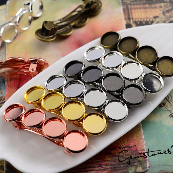 10pcs Hair Clips Barrette avec 12mm Cameo Setting, Brass Blank Hair Barrette, 12mm Round Bezel Setting Cabochon Mounting - 6 couleurs disponibles