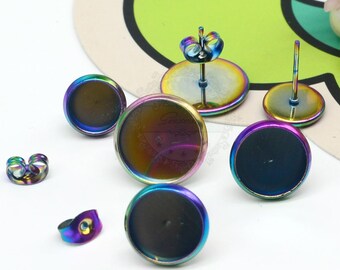 20pcs 8mm/ 10mm/ 12mm Rainbow Stainless Steel Bezel Earring, Cabochon Setting Earring Blank, Bezel earring Blanks, BU579 BT033