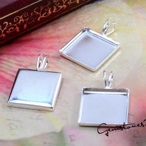 20pcs Bright Silver 12mm Brass Square Cameo Base Setting Pendant