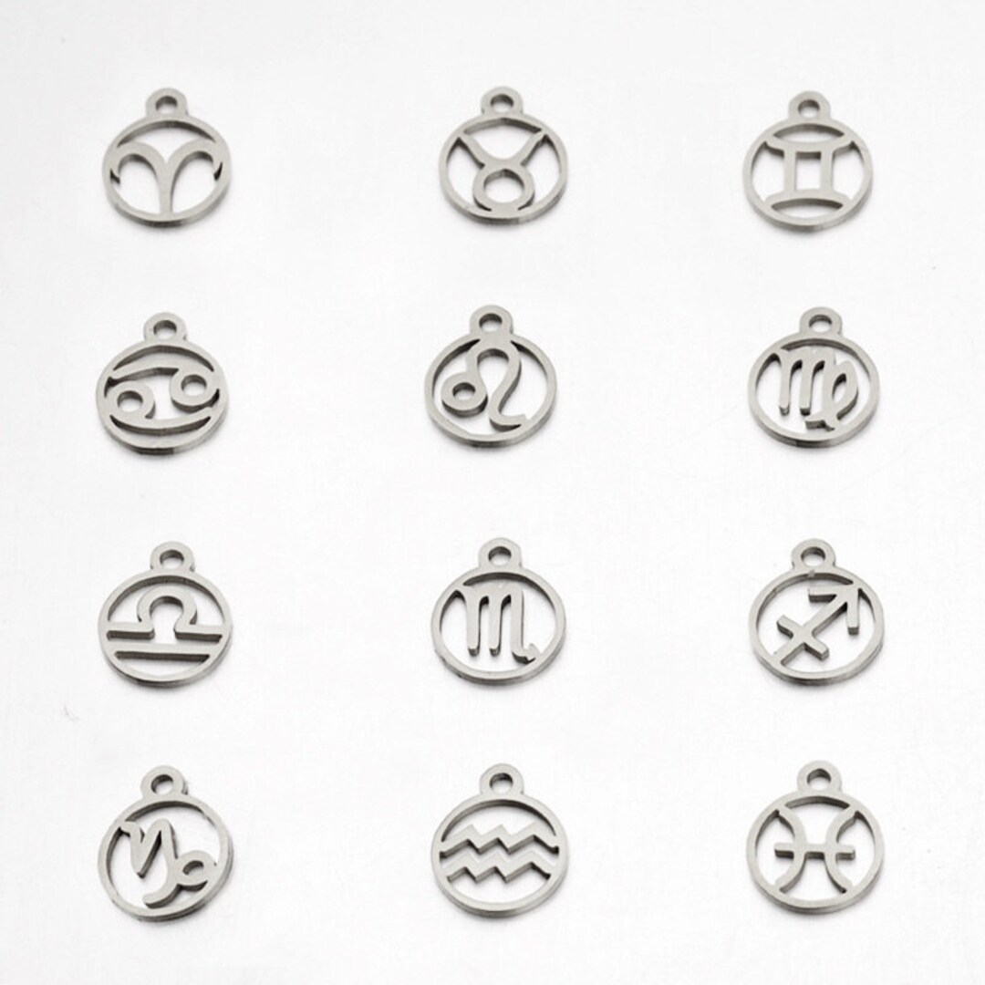 A Set 12mm Single Hole Steel Mirror Polished 12 Zodiac Round