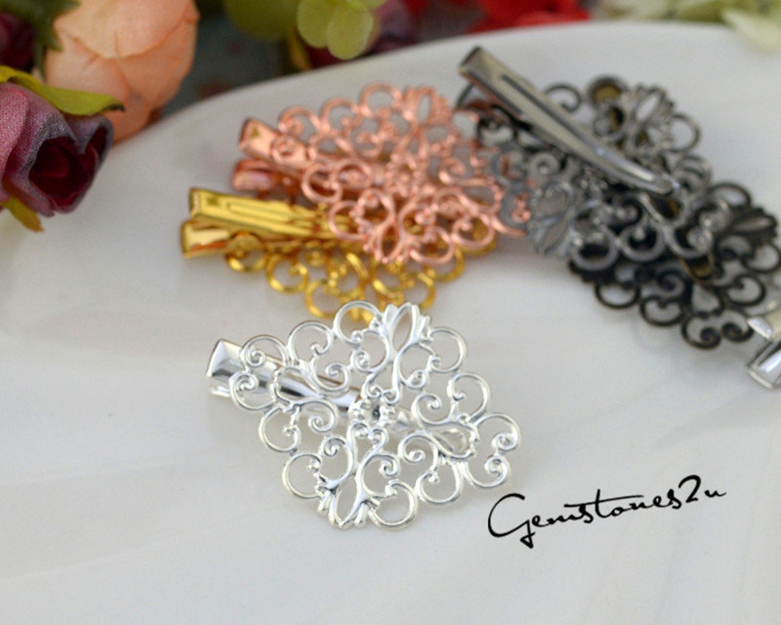 20pcs Brass Alligator Hair Clips W/ 30x38mm Filigree Floral Etsy