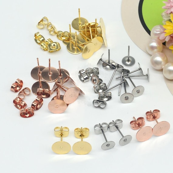 100pcs Gold/Rose gold/Stainless Steel Earring Posts/Ear studs/ Stainless Steel Bezel Earring Studs/Glueable Flat Pad/No allergic