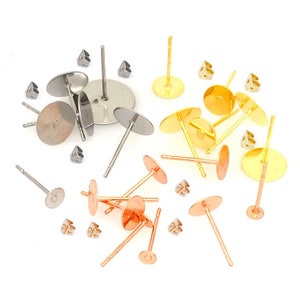 100pcs Gold/Rose gold/Stainless Steel Earring Posts/Ear studs/ Stainless Steel Bezel Earring Studs/Glueable Flat Pad/No allergic