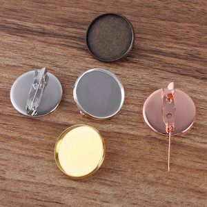 20st brochebasis - messing Easy Lock Pin broche, 20 mm, 25 mm ronde randinstelling, ronde brochebasis, groothandel broche, sieradenleveranciers, 07312