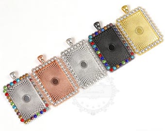 Bandeja rectangular para colgantes (10 unidades, 25 x 35 mm, base de cabujón con camafeo de diamante, engaste de bisel en blanco, H2458)