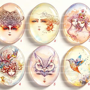 May include: Six oval glass cabochons featuring detailed illustrations. Designs include faces with intricate headpieces, floral motifs, an owl, and a hummingbird. Each piece is numbered one through six in red, showcasing vibrant watercolour-style artwork.