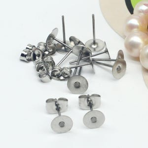 100pcs Earring Posts/Ear Nut Backs, Surgical Stainless Steel Bezel Earring Studs, 3/4/5/6/8/10mm Glueable Flat Pad,No allergic Earring Posts