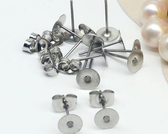 100pcs Earring Posts/Ear Nut Backs, Stainless Steel Bezel Earring Studs, 3/4/5/6/8/10mm Glueable Flat Pad, Earring Posts, BU361