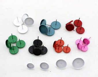 10pcs White/ Pink/ Orange/ Black/ Green/ Red/ Blue Bezel Earring Studs, Colorful 8mm/ 10mm/ 12mm/ 14mm Brass Earring Posts With Round Pad