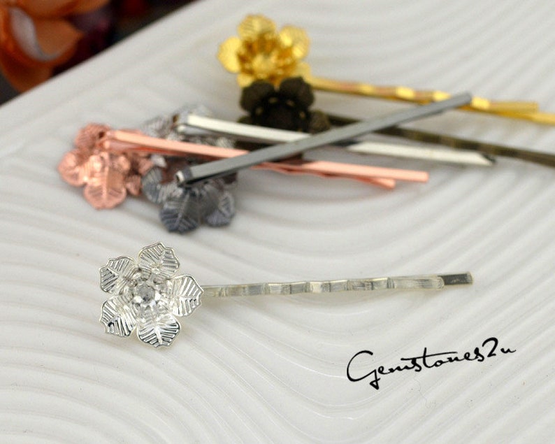 7 Colors 07275 Hair Accessories 20pcs 16x6mm Bobby Pins Flower Filigree Pad Flower Hair Findings Brass Jewelry Vintage Flower Hairpins