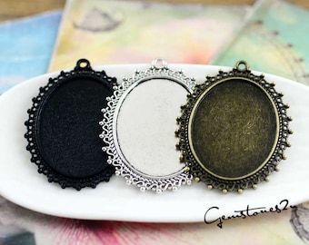 10pcs ciondolo vassoi-30x40mm filigrana ovale lunetta Cup Cabochon / montaggi di Cameo, 3 colori disponibili-antique argento, antico bronzo, nero